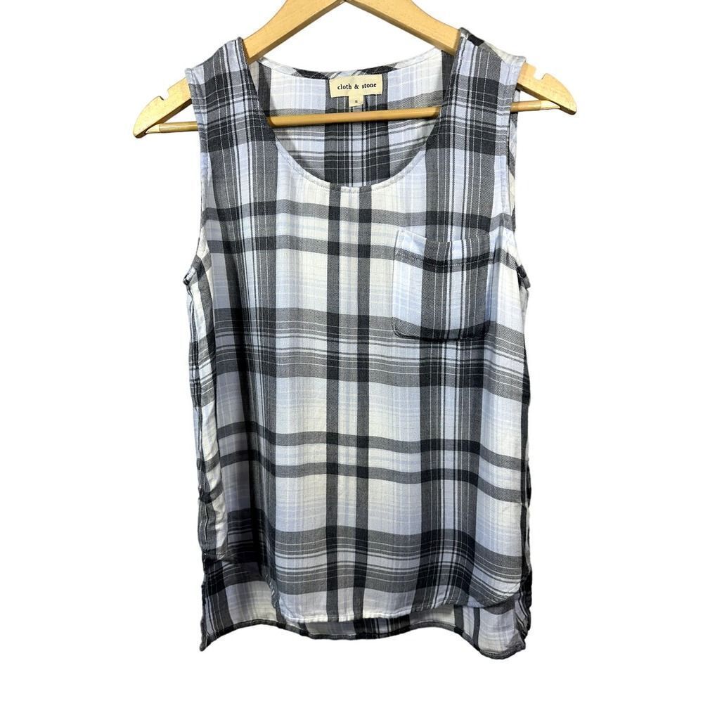CLOTH & STONE ANTHROPOLOGIE Women's Plaid Sleeveless Blouse Tank Gray Size Small